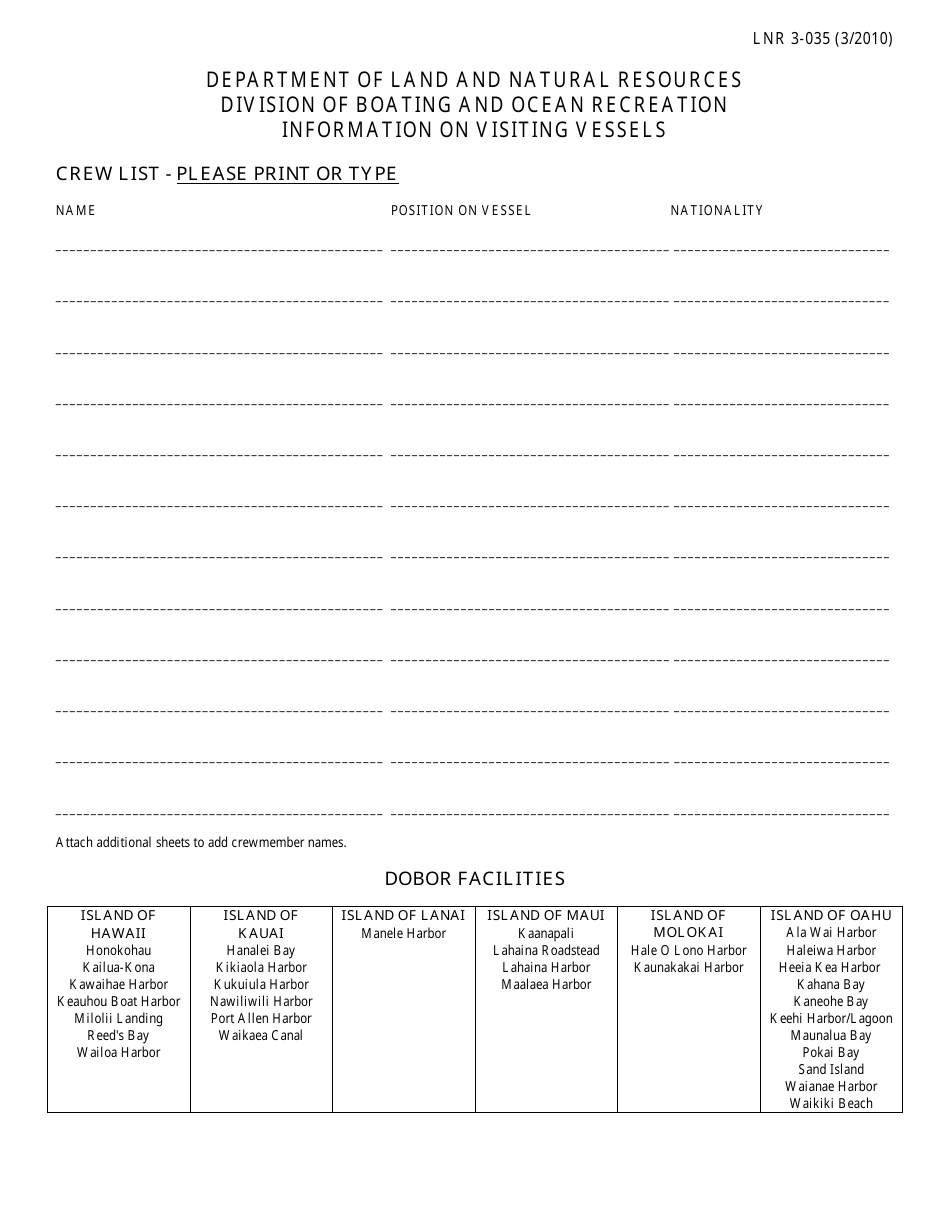 Form LNR3-035 Registration for Visiting Vessels - Hawaii, Page 2