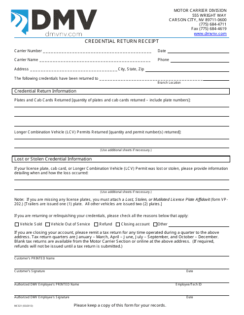 Form MC021 Credential Return Receipt - Nevada