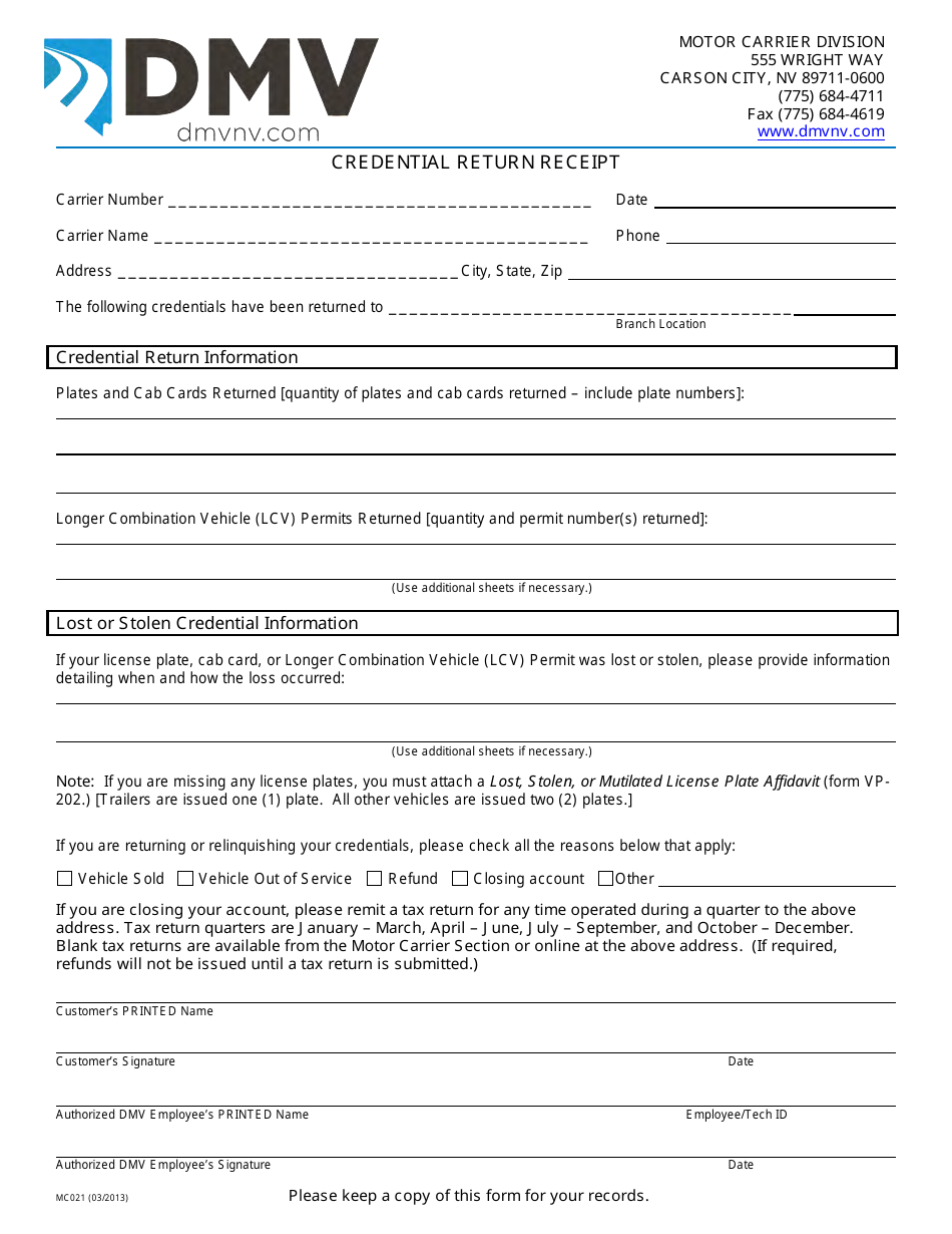 Form MC021 Credential Return Receipt - Nevada, Page 1