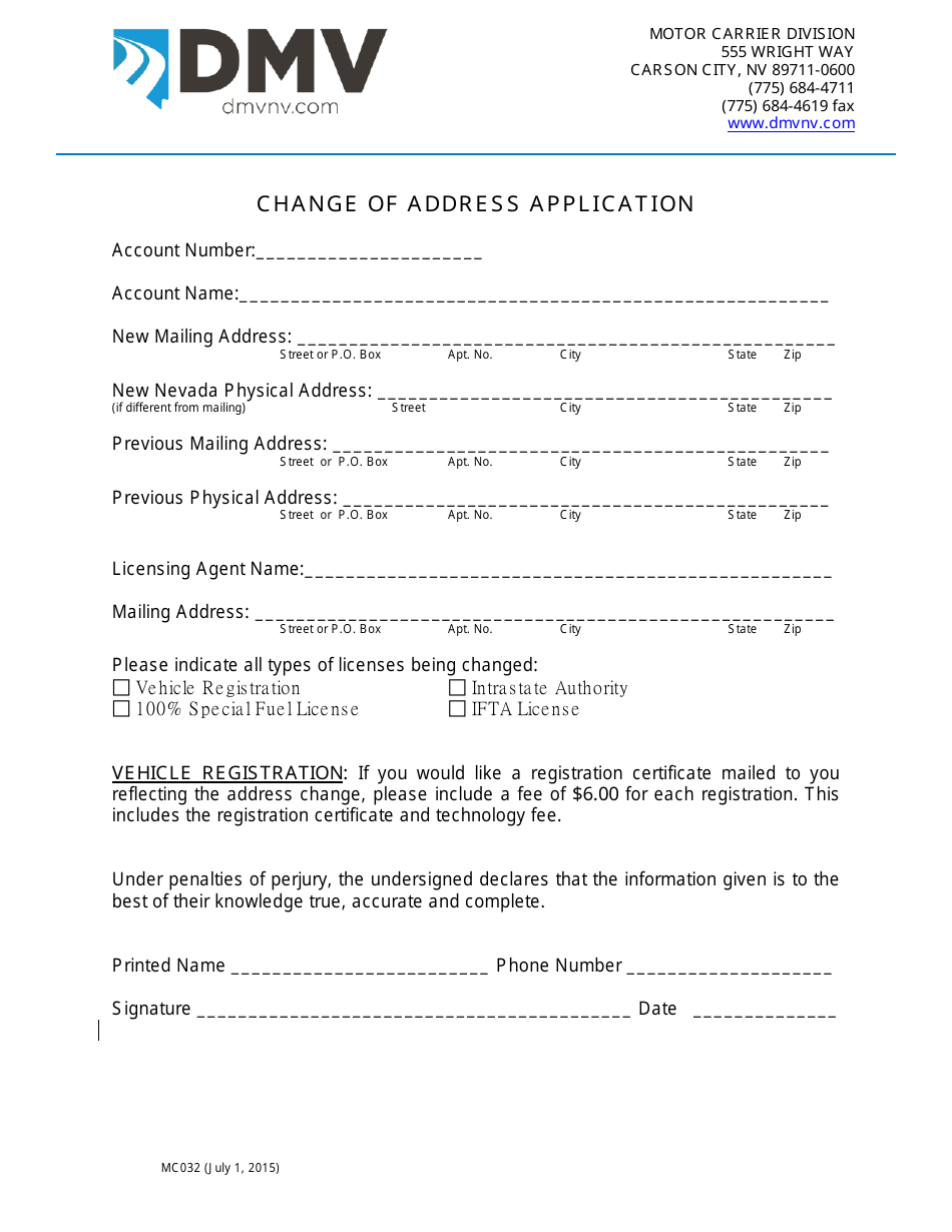 Form MC032 Change of Address Application - Nevada, Page 1