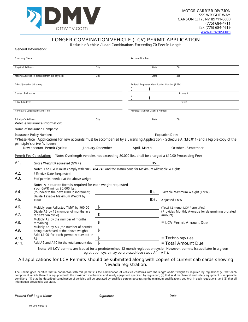 Form MC098 Longer Combination Vehicle (Lcv) Permit Application - Nevada, Page 1