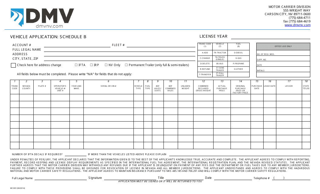 Form MC003 Schedule B  Printable Pdf