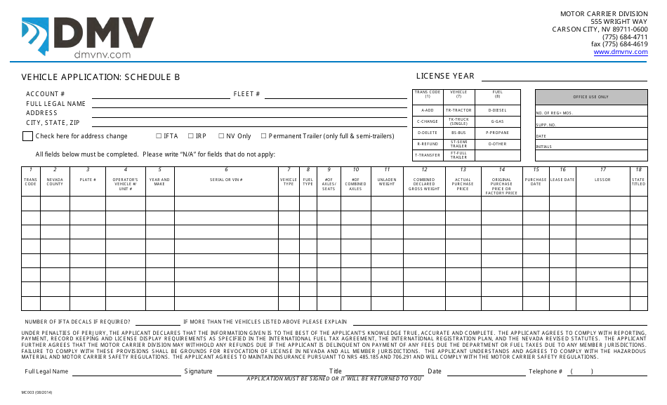 Form MC003 Schedule B Vehicle Application - Nevada, Page 1
