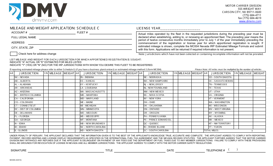 Form MC006 Schedule C Mileage and Weight Application - Nevada, Page 1