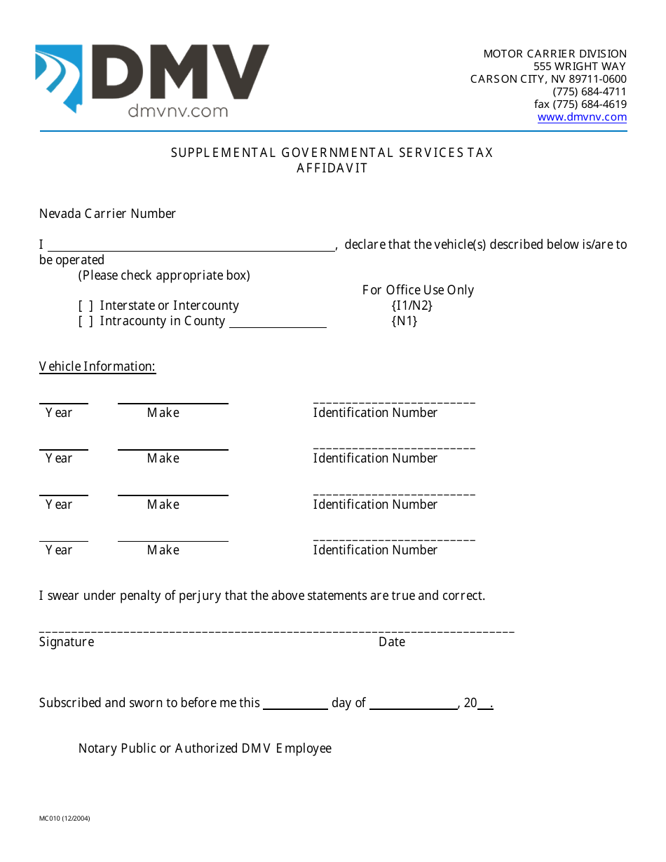 Form MC010 Supplemental Governmental Services Tax Affidavit - Nevada, Page 1