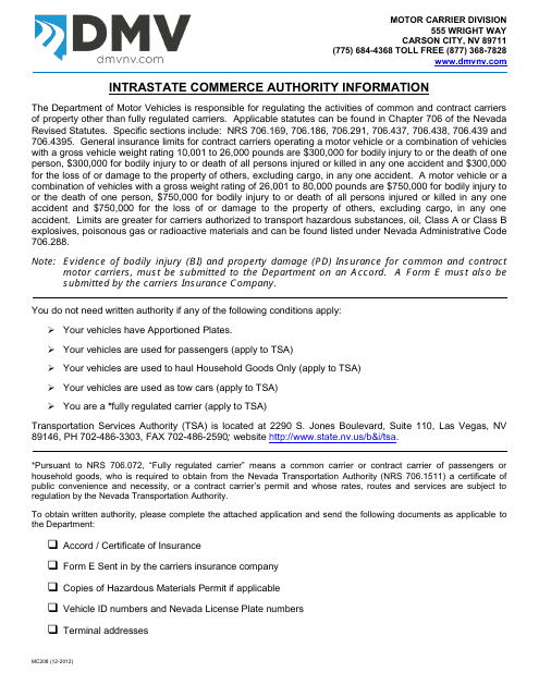 Form MC208 Application for Intrastate Commerce for the Transportation of Property Pursuant to Nrs 706 - Nevada
