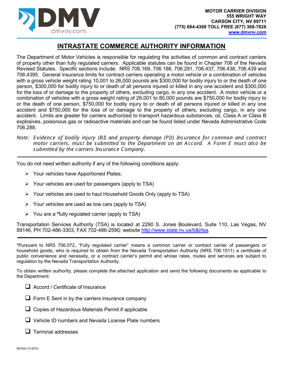 Form MC208 Application for Intrastate Commerce for the Transportation of Property Pursuant to Nrs 706 - Nevada, Page 1