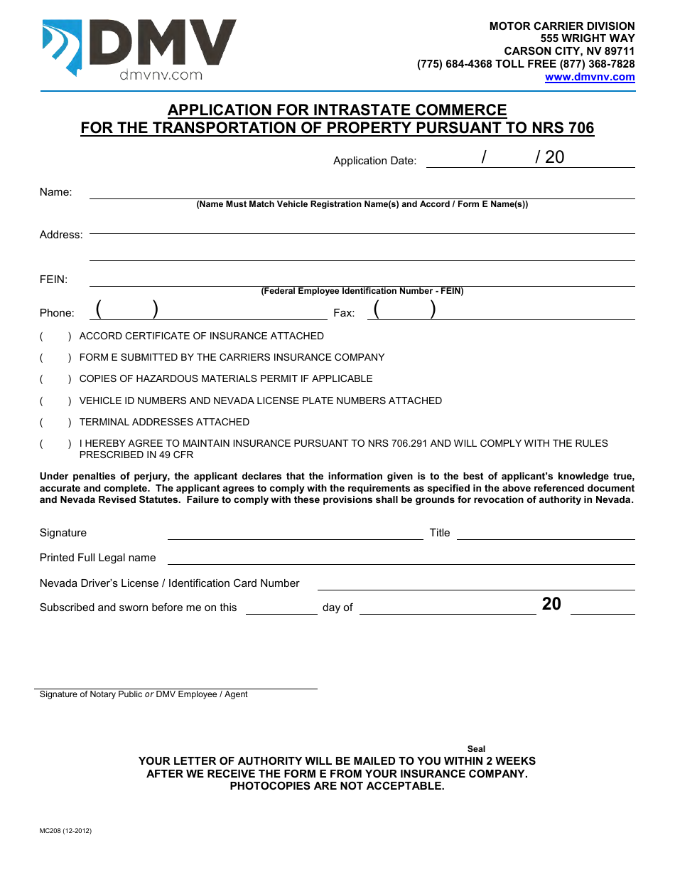Form MC208 Application for Intrastate Commerce for the Transportation of Property Pursuant to Nrs 706 - Nevada, Page 2