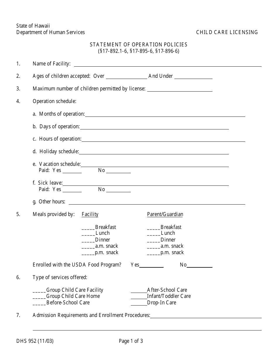 Form DHS952 - Fill Out, Sign Online and Download Printable PDF, Hawaii ...