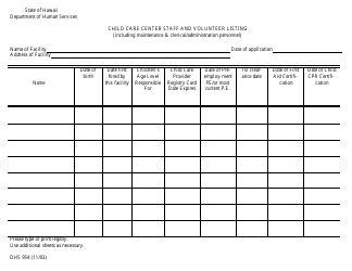 Form DHS954 &quot;Child Care Center Staff and Volunteer Listing&quot; - Hawaii