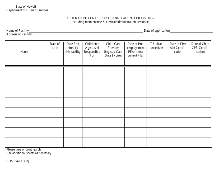 Form DHS954 Child Care Center Staff and Volunteer Listing - Hawaii