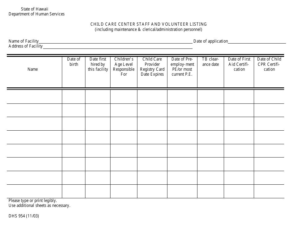 Form DHS954 Child Care Center Staff and Volunteer Listing - Hawaii, Page 1