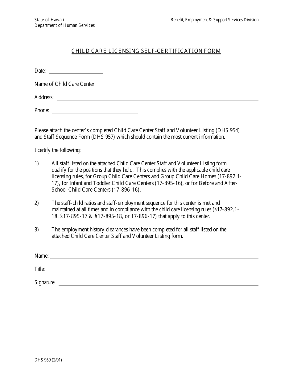 Form DHS969 Child Care Licensing Self-certification Form - Hawaii, Page 1