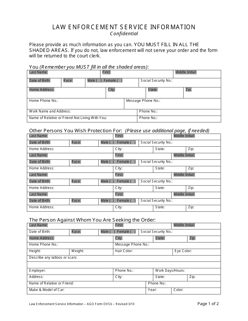 AGO Form OVS6 Law Enforcement Service Information - Montana, Page 1