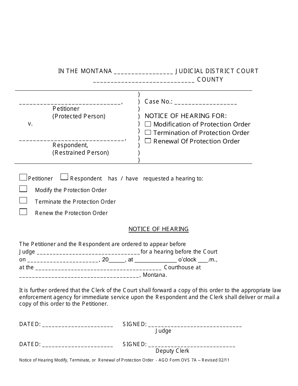 AGO Form OVS7A Notice of Hearing Modify, Terminate, or Renewal of Protection Order - Montana, Page 1
