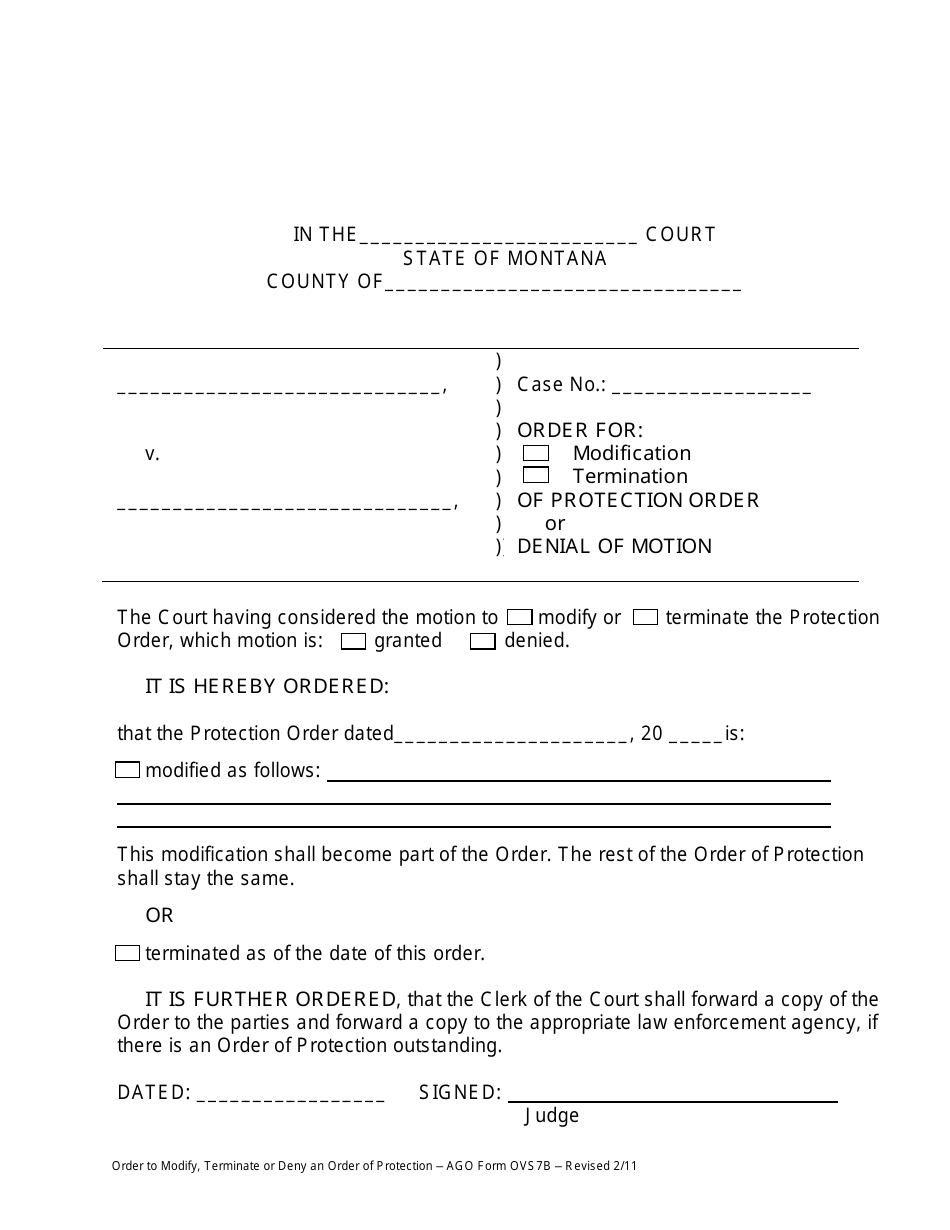 AGO Form OVS7B Order to Modify, Terminate or Deny an Order of Protection - Montana, Page 1