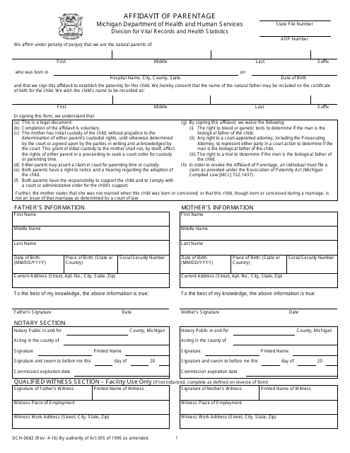 Form DCH-0682 Affidavit of Parentage - Michigan