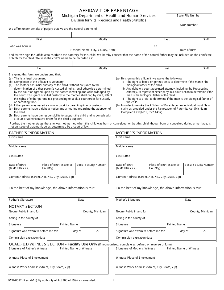 Form DCH-0682 Affidavit of Parentage - Michigan, Page 1
