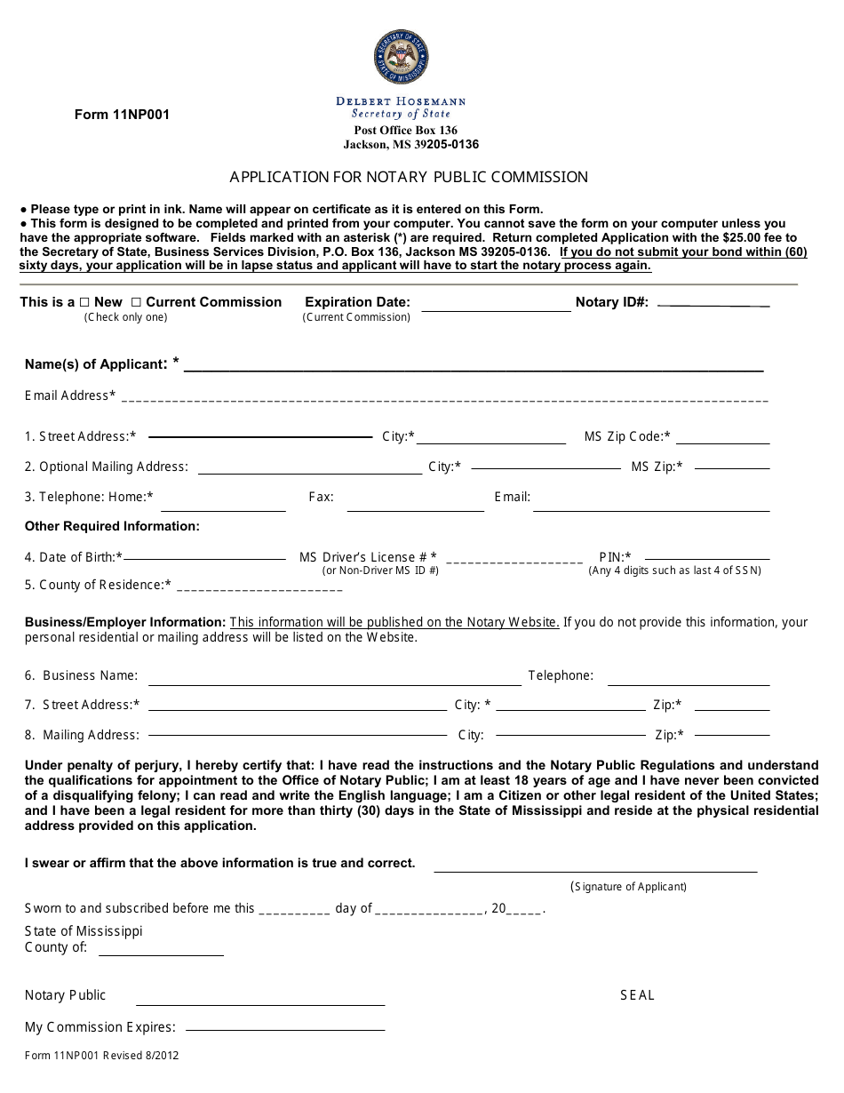 Form 11NP001 Application for Notary Public Commission - Mississippi, Page 1