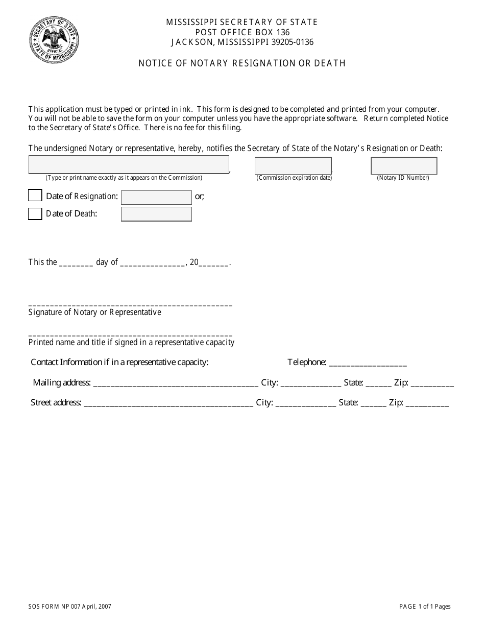 SOS Form NP007 Notice of Notary Resignation or Death - Michigan, Page 1