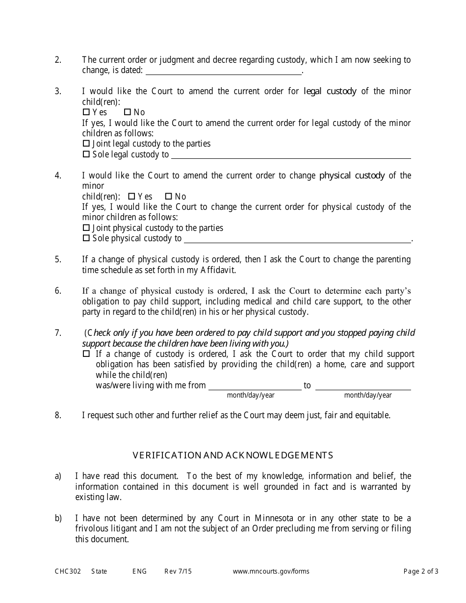 Form CHC302 Notice of Motion and Motion for Change of Custody - Minnesota, Page 2
