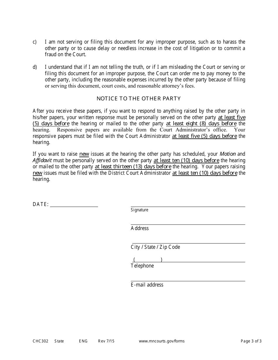 Form CHC302 Notice of Motion and Motion for Change of Custody - Minnesota, Page 3