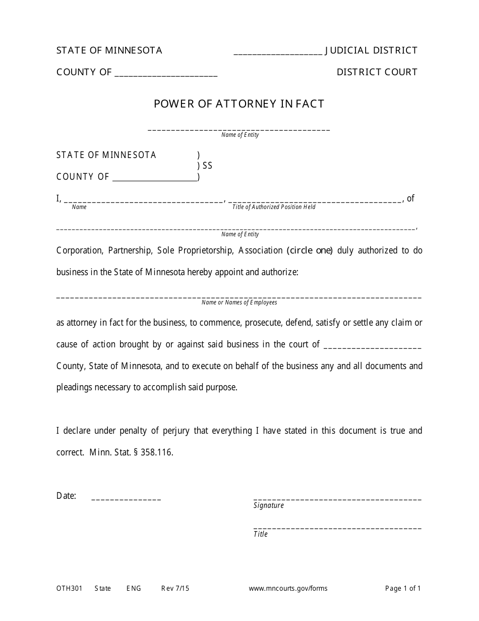 Form OTH301 Power of Attorney in Fact - Minnesota, Page 1