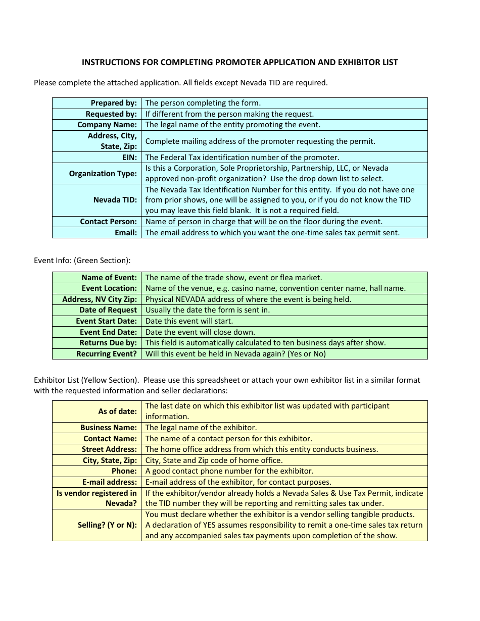 Instructions for Promoter Application and Exhibitor List - Nevada, Page 1