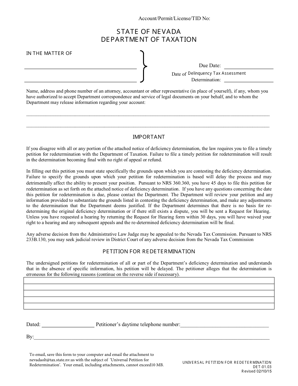 Form DET-01.03 Universal Petition for Redetermination - Nevada, Page 1