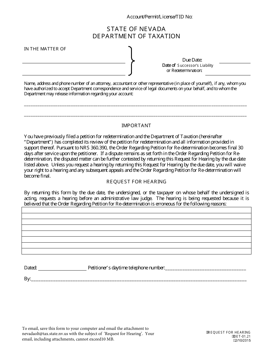 Form DET-01.21 Request for Hearing - Nevada, Page 1