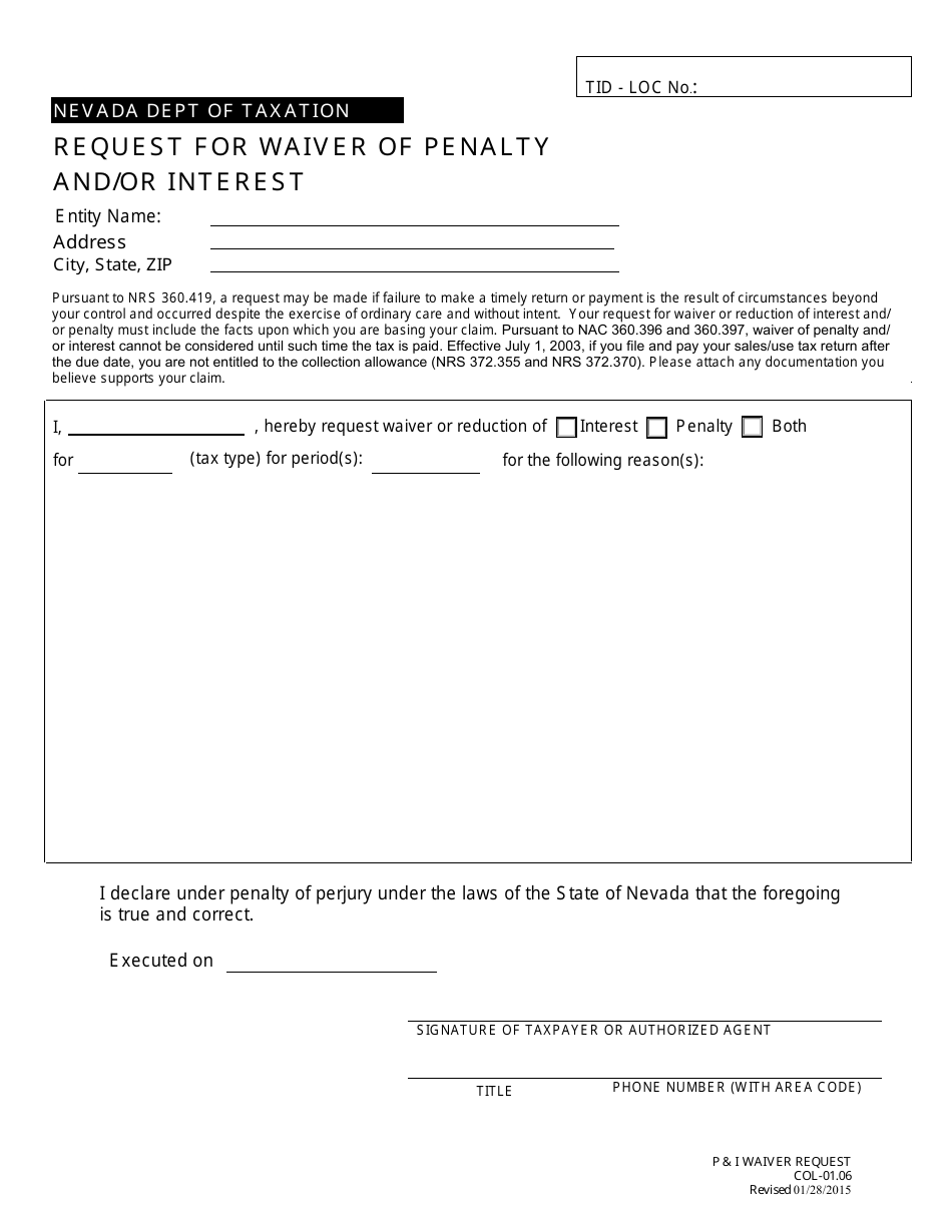 Nevada Request For Waiver Of Penalty And Or Interest Download Fillable Pdf Templateroller
