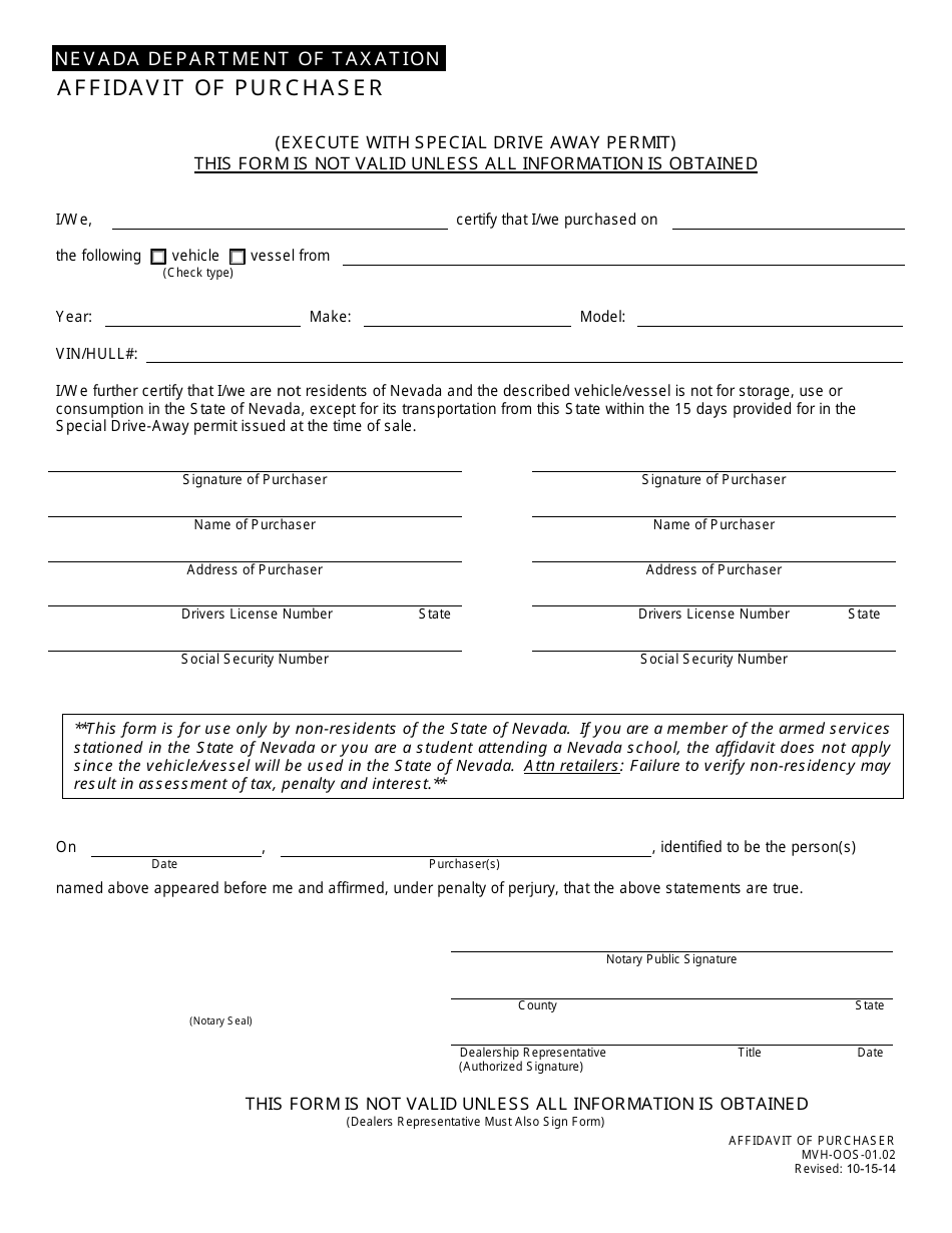 Form MVH-OOS-01.02 Affidavit of Purchaser - Nevada, Page 1