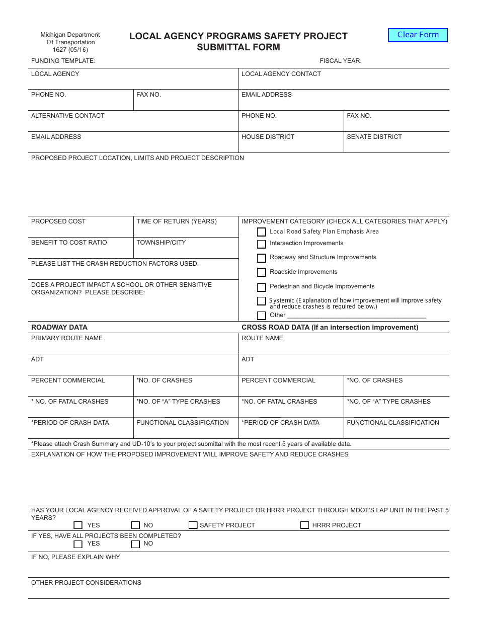 Form 1627 Local Agency Programs Safety Project Submittal Form - Michigan, Page 1