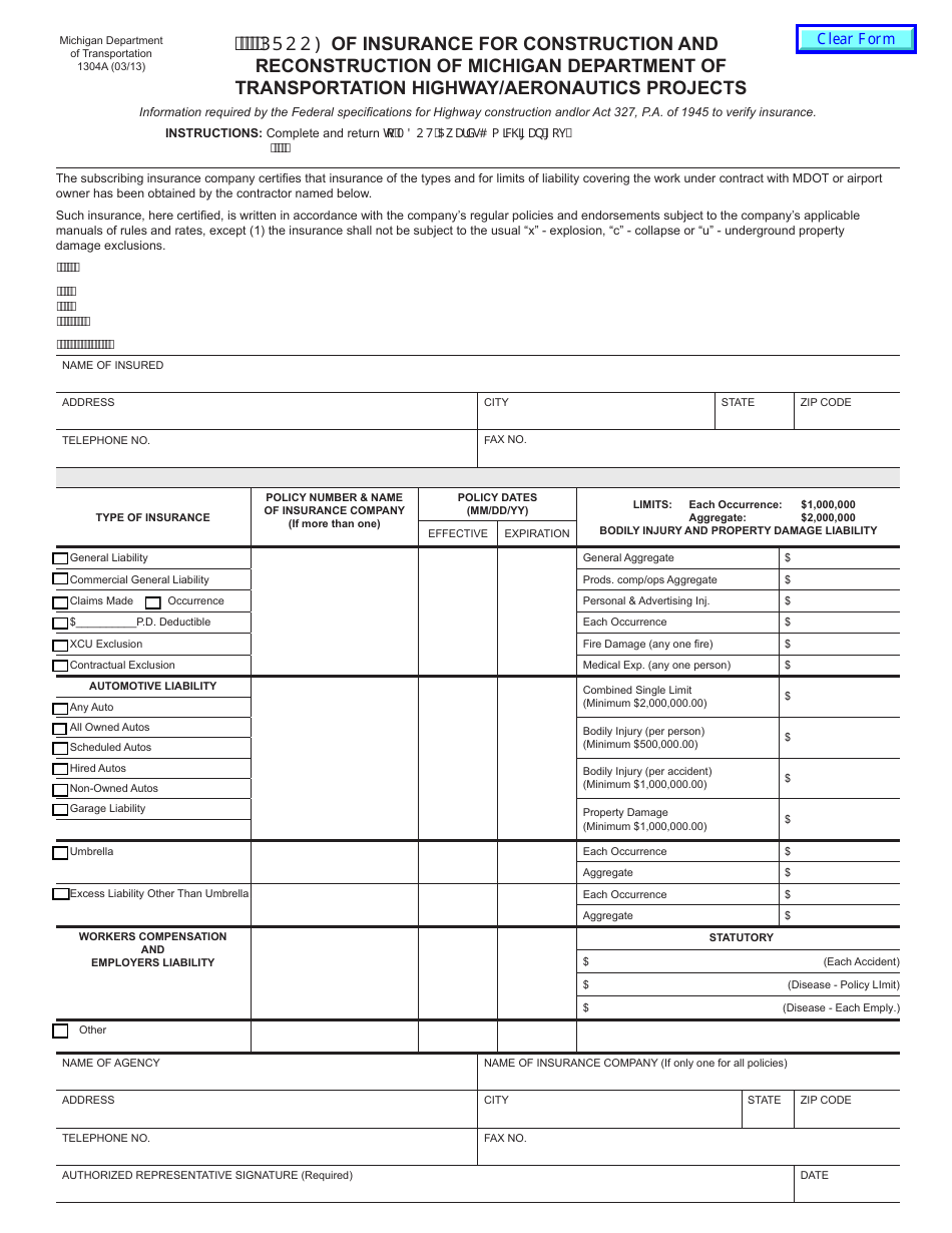 Form 1304A Proof of Insurance for Construction and Reconstruction of Michigan Department of Transportation Highway / Aeronautics Projects - Michigan, Page 1