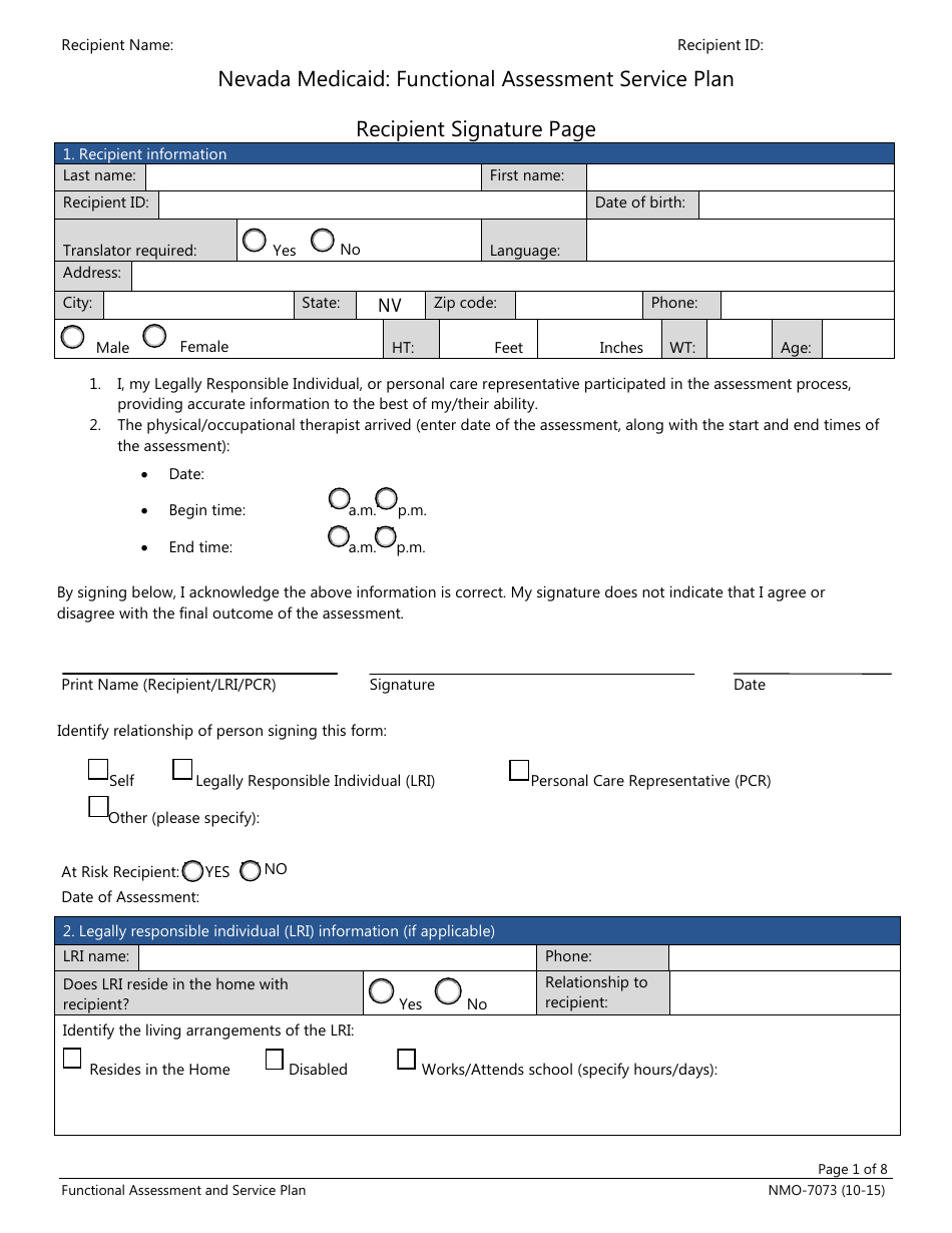 Form NMO-7073 Nevada Medicaid: Functional Assessment Service Plan - Nevada, Page 1