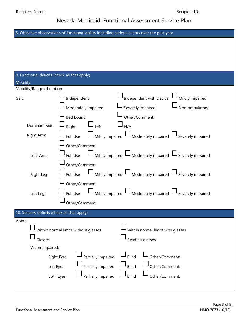 Form NMO-7073 Nevada Medicaid: Functional Assessment Service Plan - Nevada, Page 3