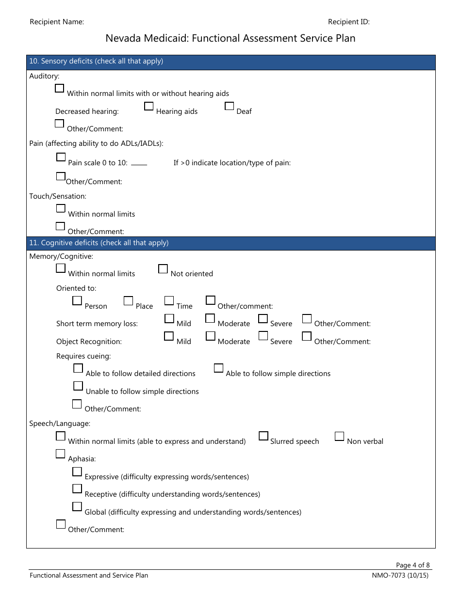 Form NMO-7073 Nevada Medicaid: Functional Assessment Service Plan - Nevada, Page 4