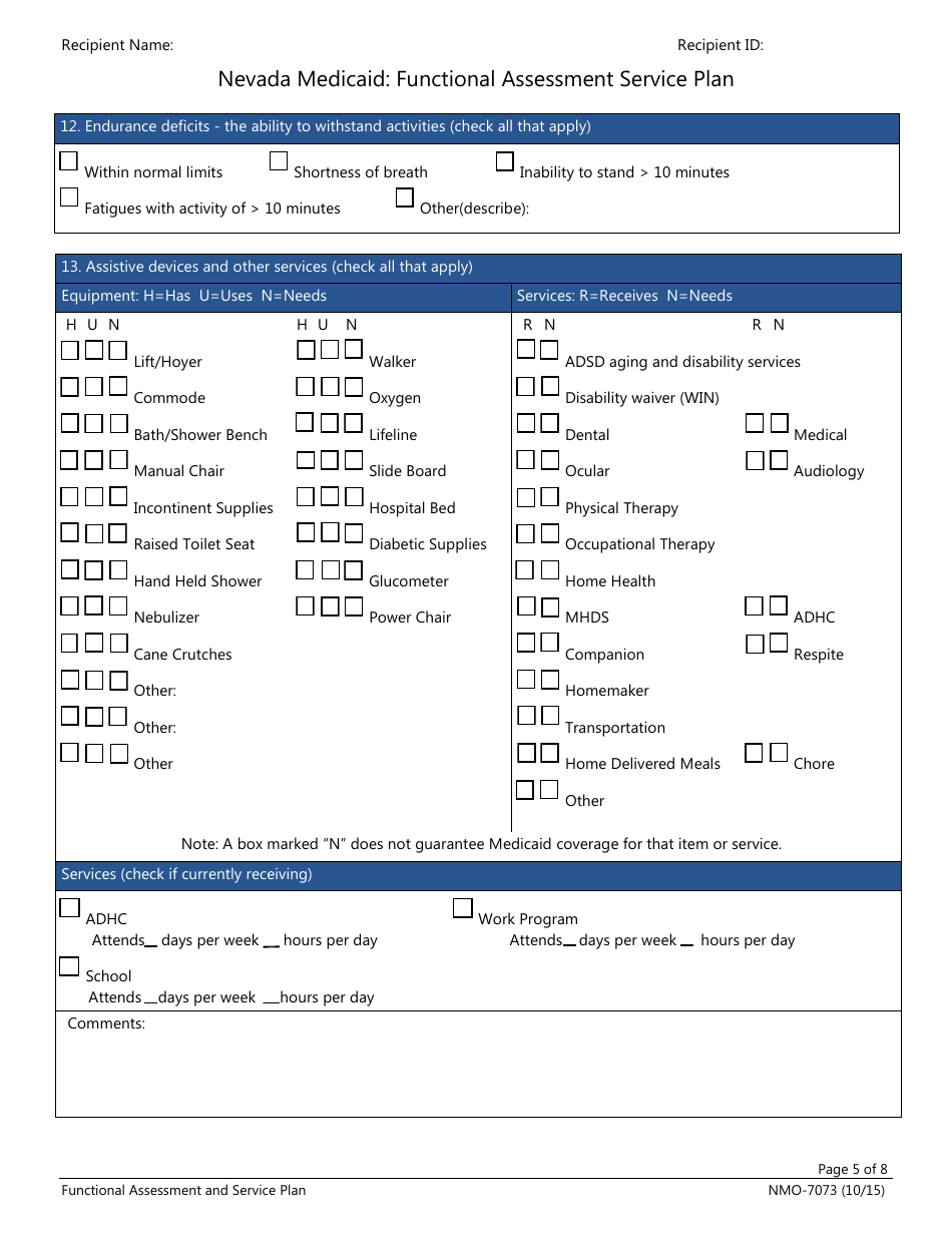 Form NMO-7073 Nevada Medicaid: Functional Assessment Service Plan - Nevada, Page 5