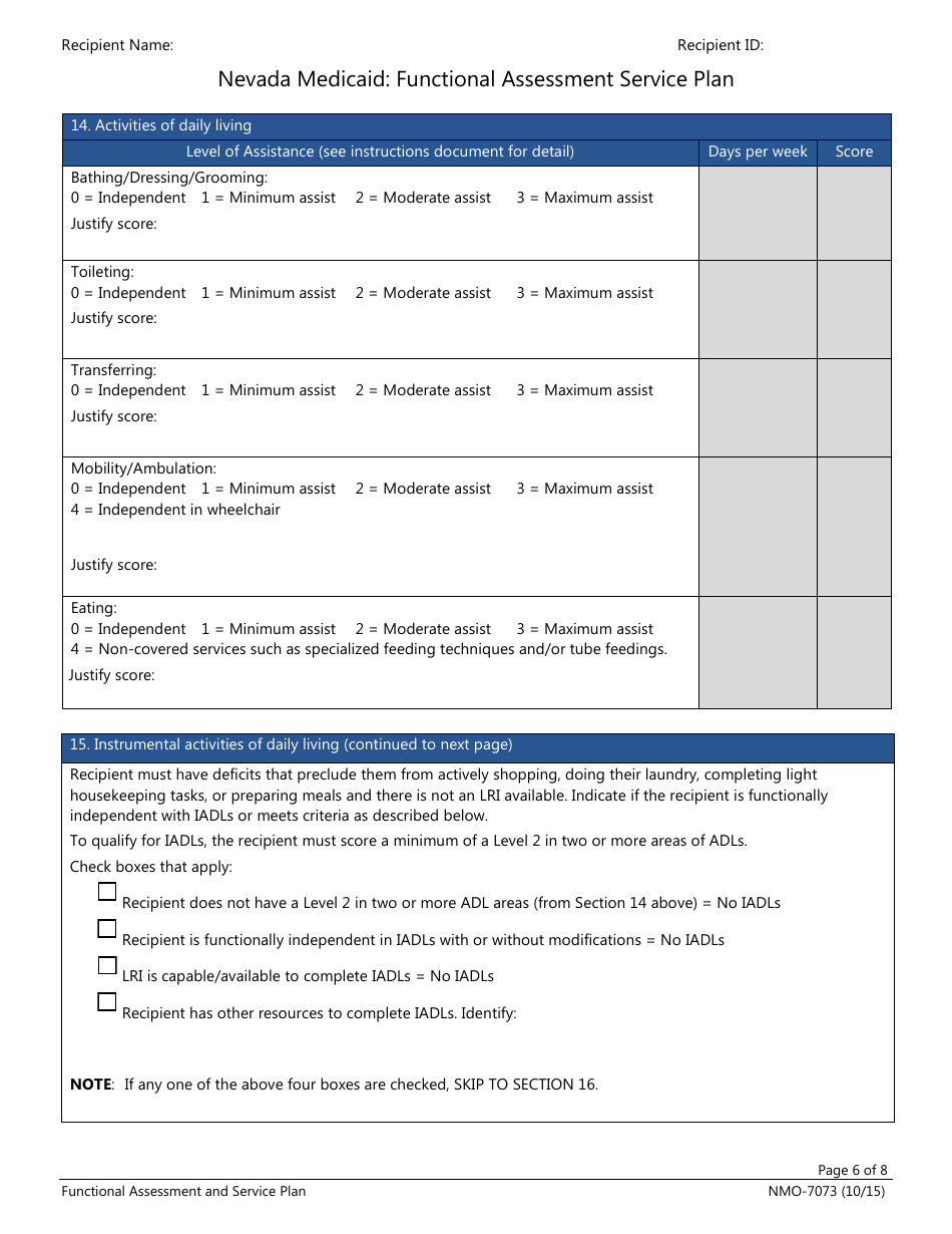 Form NMO-7073 Nevada Medicaid: Functional Assessment Service Plan - Nevada, Page 6
