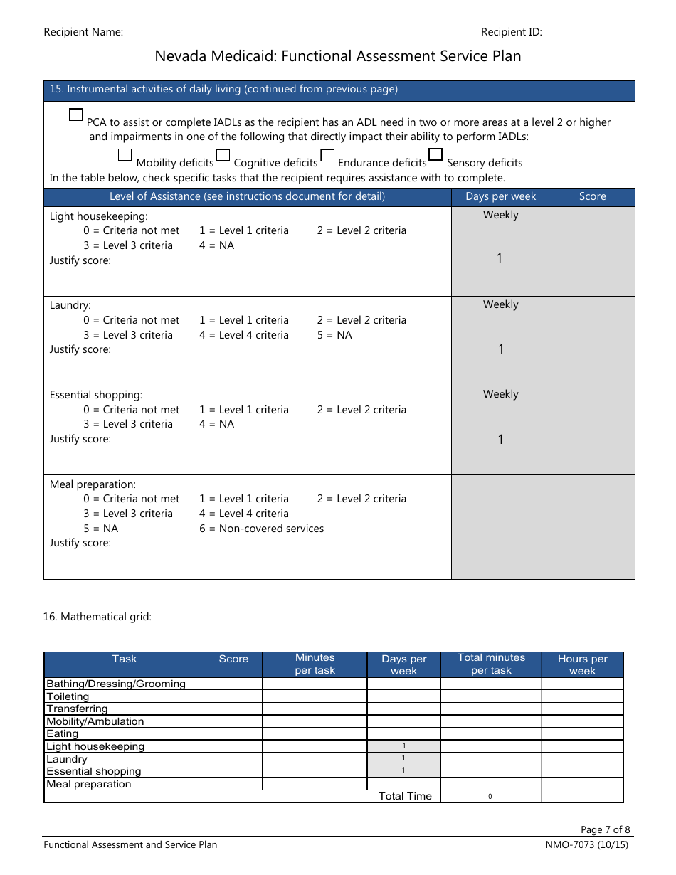 Form NMO-7073 Nevada Medicaid: Functional Assessment Service Plan - Nevada, Page 7