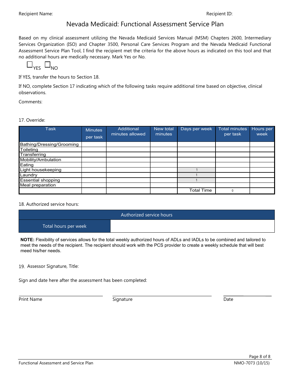 Form NMO-7073 Nevada Medicaid: Functional Assessment Service Plan - Nevada, Page 8