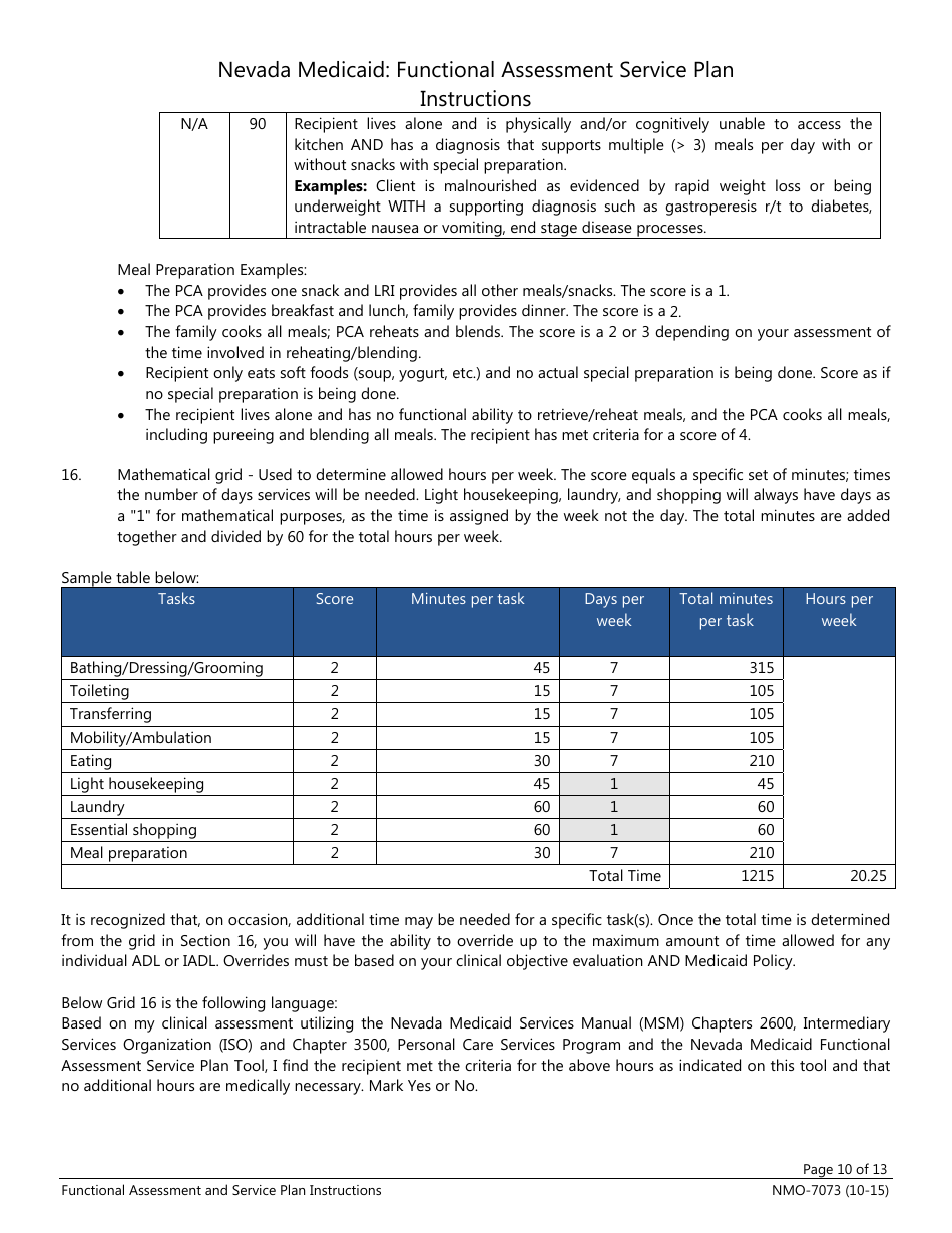 Instructions for Form NMO-7073 Nevada Medicaid: Functional Assessment Service Plan - Nevada, Page 10