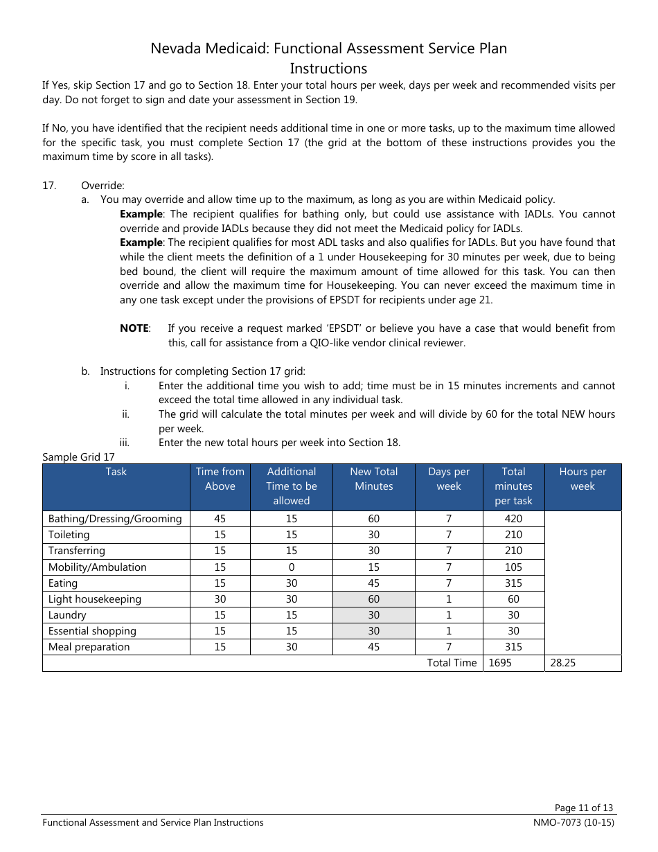 Instructions for Form NMO-7073 Nevada Medicaid: Functional Assessment Service Plan - Nevada, Page 11