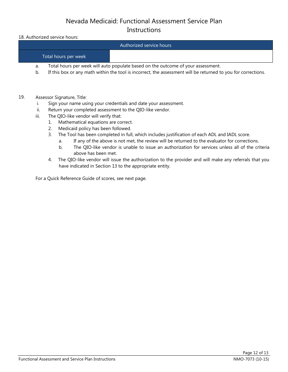 Instructions for Form NMO-7073 Nevada Medicaid: Functional Assessment Service Plan - Nevada, Page 12