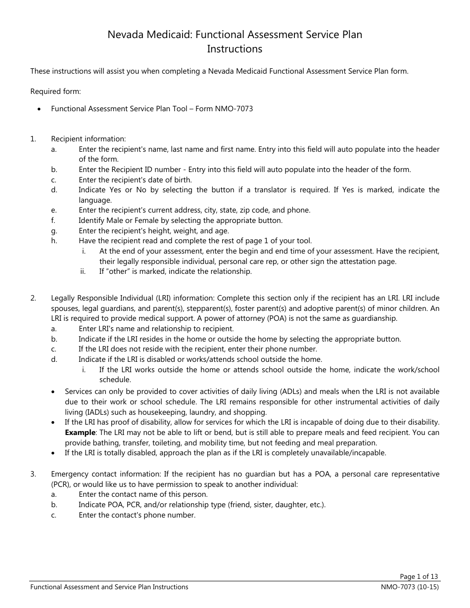Instructions for Form NMO-7073 Nevada Medicaid: Functional Assessment Service Plan - Nevada, Page 1