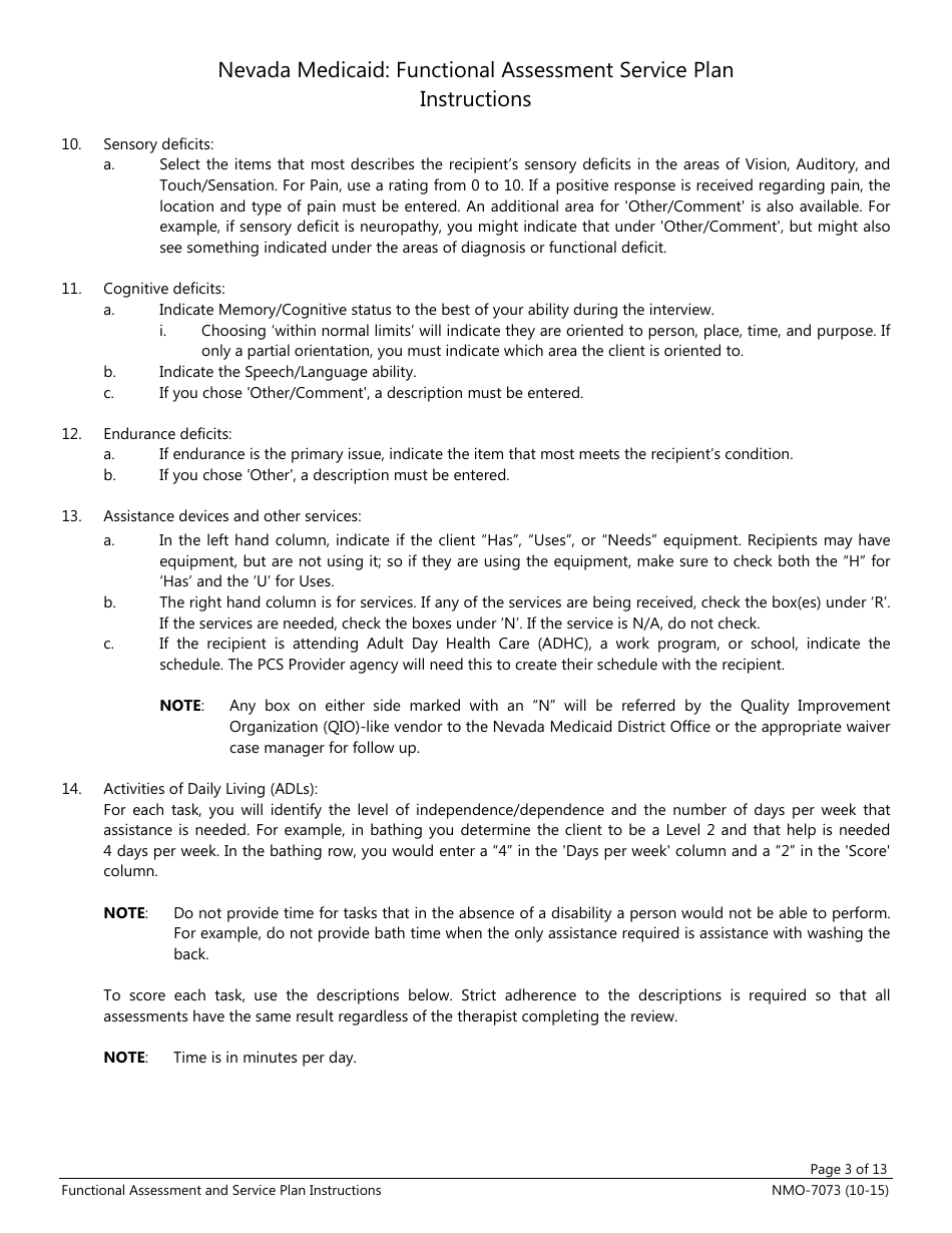 Instructions for Form NMO-7073 Nevada Medicaid: Functional Assessment Service Plan - Nevada, Page 3