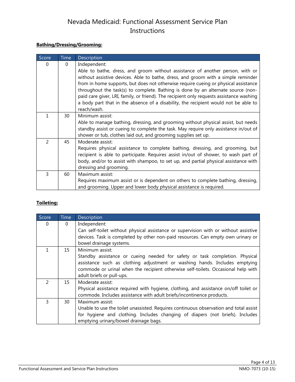 Instructions for Form NMO-7073 Nevada Medicaid: Functional Assessment Service Plan - Nevada, Page 4