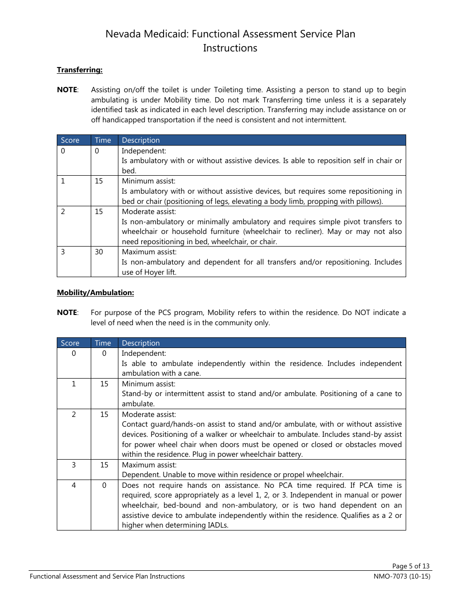Instructions for Form NMO-7073 Nevada Medicaid: Functional Assessment Service Plan - Nevada, Page 5
