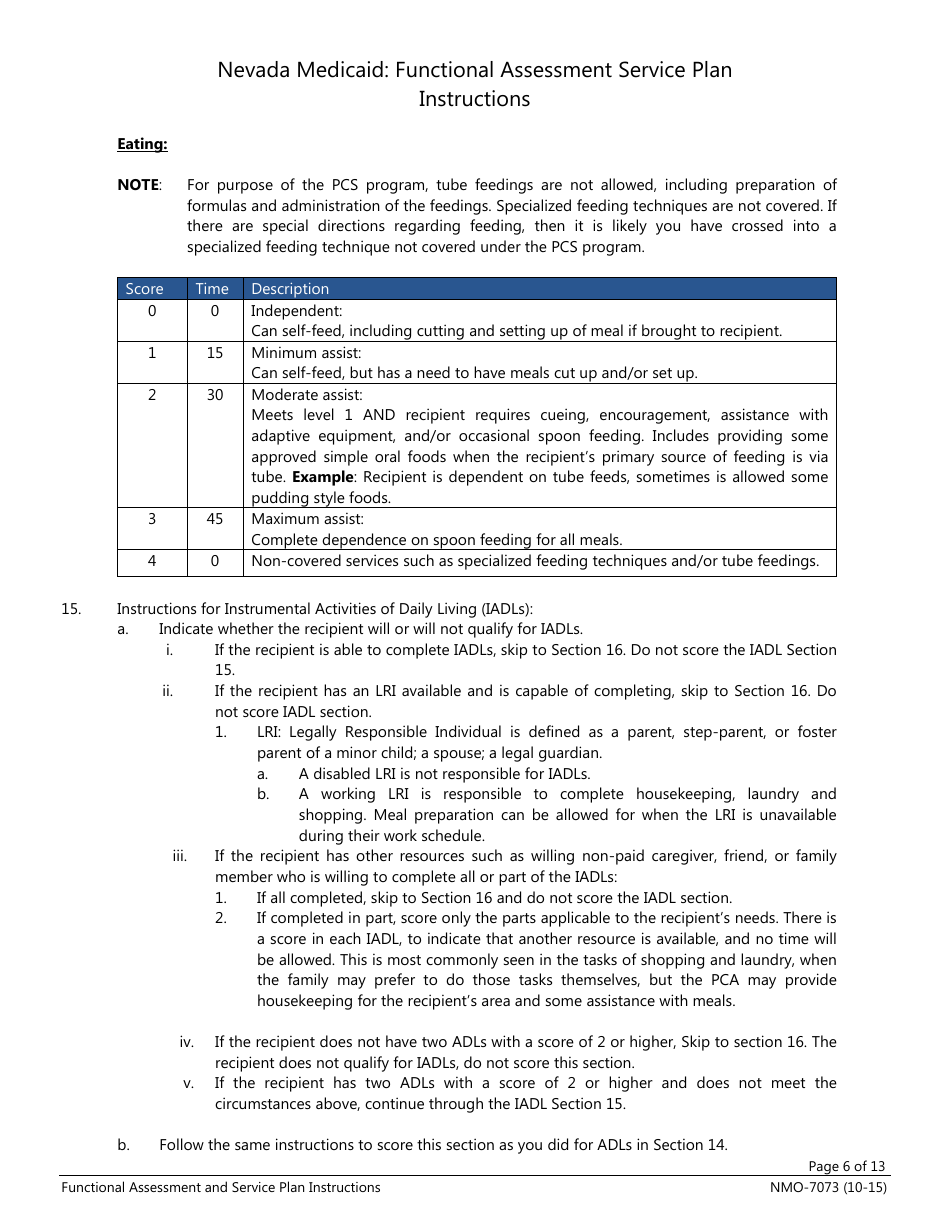 Instructions for Form NMO-7073 Nevada Medicaid: Functional Assessment Service Plan - Nevada, Page 6