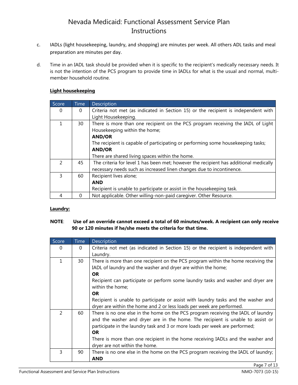 Instructions for Form NMO-7073 Nevada Medicaid: Functional Assessment Service Plan - Nevada, Page 7